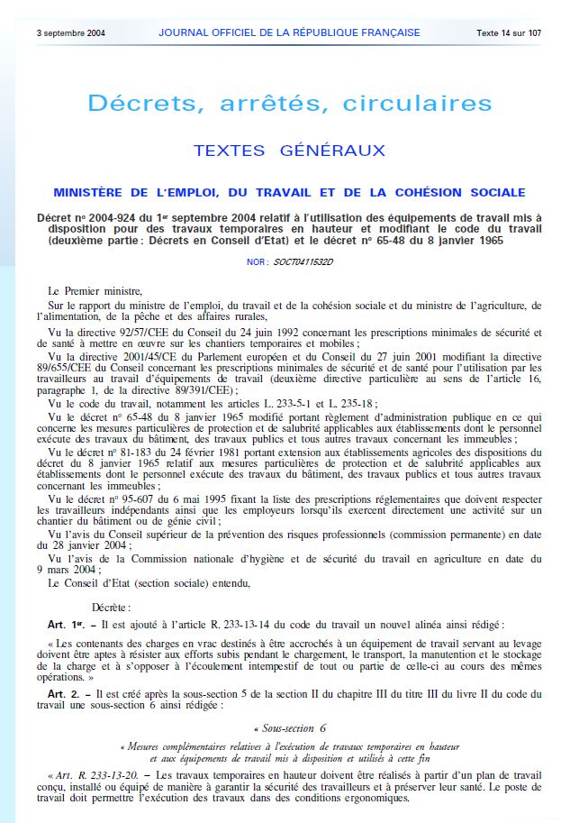 Décret 2004-924 chutes en hauteur